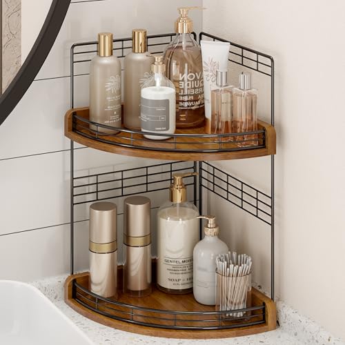 2-Tier Bathroom Corner Shelf, Wood and Iron Countertop Organizer