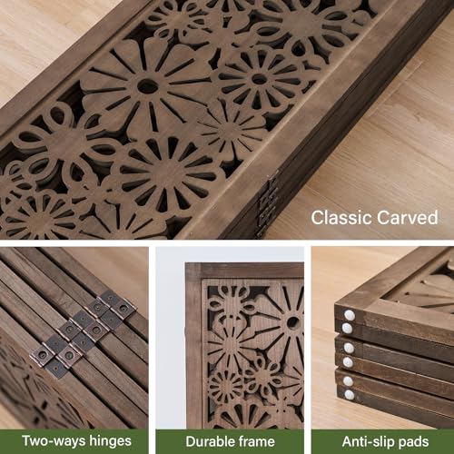 6-Panel Folding Wood Room Divider, 5.6ft Tall Daisy-Carved Privacy Screen