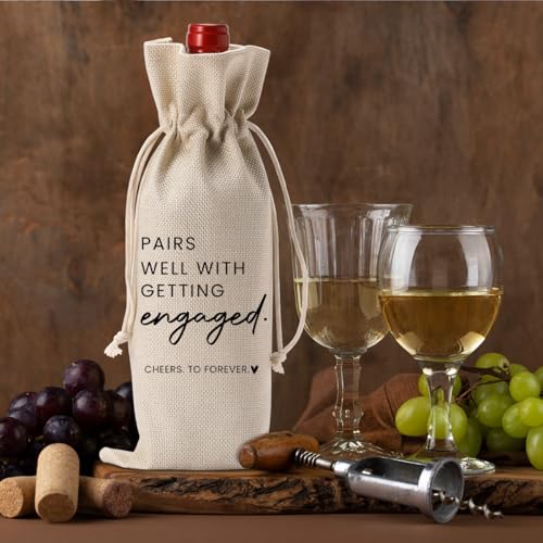 Engagement Wine Bottle Bag - Burlap Drawstring Gift Bag for Couples