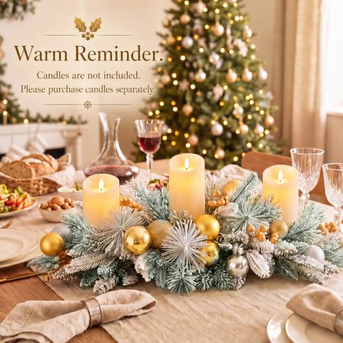 Hotop 27-Inch Christmas Candle Holder Centerpiece with Gold & Silver Balls, Snow-Flocked Pine Branches, and 3 Metal Candleholders - Holiday Table Decor