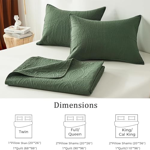 Olive Green Queen Quilt Bedding Set - 3-Piece Lightweight Bedspread Coverlet