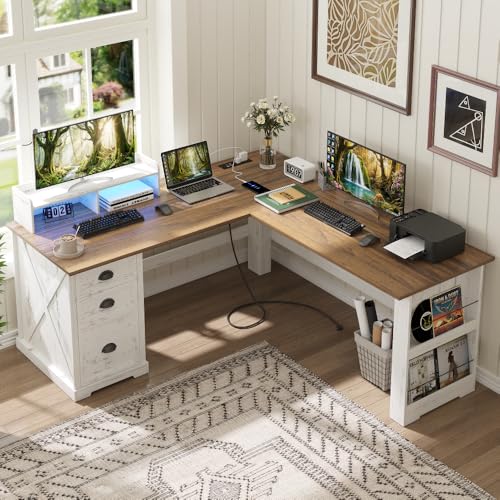 59-Inch L-Shaped Farmhouse Computer Desk with LED Lights, Drawers and Charging