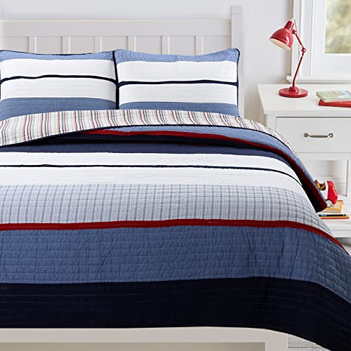 Navy Blue and Red Striped 3-Piece Queen Cotton Reversible Quilt Bedding Set