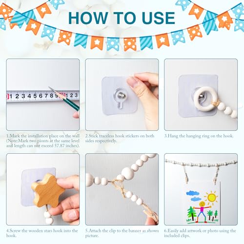 Kids Artwork Display Wall Hanging with 40 Wood Clips & Boho Beaded Garland