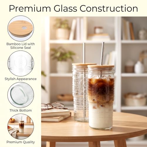 24 oz Glass Tumbler with Bamboo Lid & Reusable Stainless Steel Straw for Iced Coffee