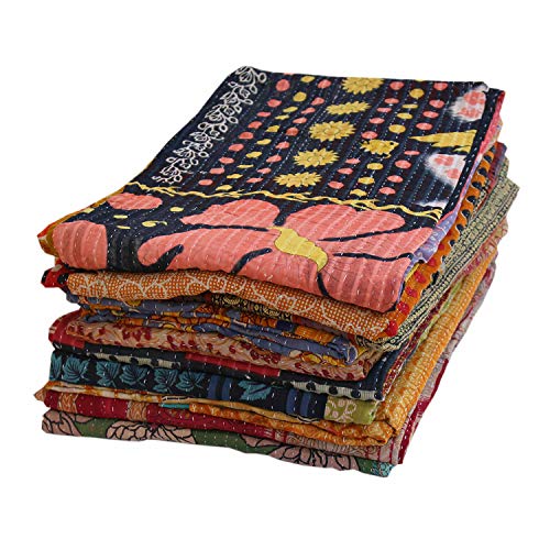 Handmade Vintage Kantha Quilt - Reversible Cotton Throw Blanket (54 x 84 inches)