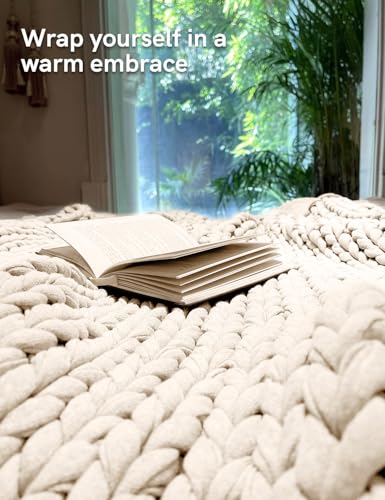 Chunky Knit Weighted Blanket, 10lb Cotton Sensory Throw, Cream White