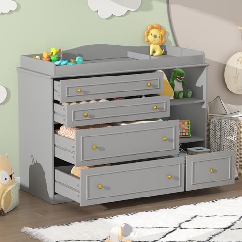 5-Drawer Baby Changing Table Dresser with Storage Shelves, Grey