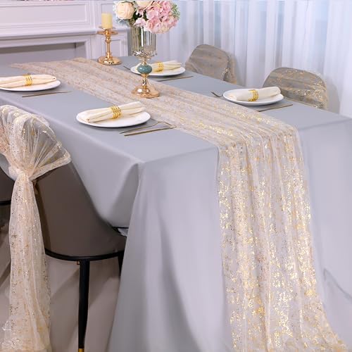 10 Ft Sheer Gold Foil Table Runner, Chiffon Gauze Wedding Table Decor