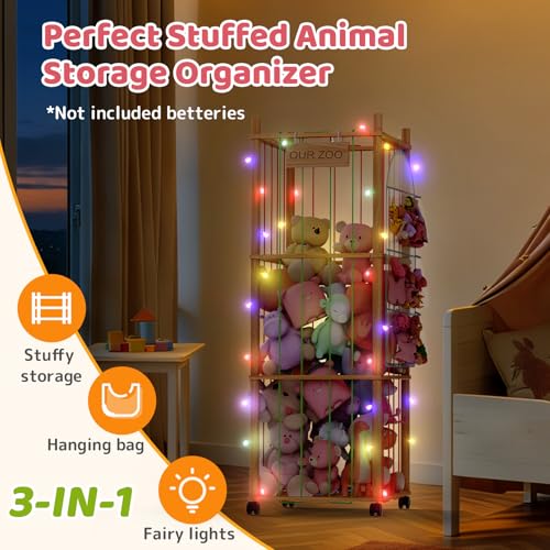 Large Stuffed Animal Storage Zoo with Wooden Base and Rolling Casters