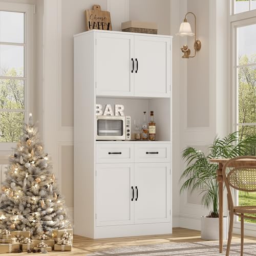 71" Tall Kitchen Pantry Cabinet with Microwave Counter & Drawers - White