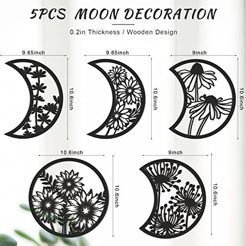 5-Piece Moon Phase Wall Art Set, Wooden Boho Hanging Decor for Bedroom