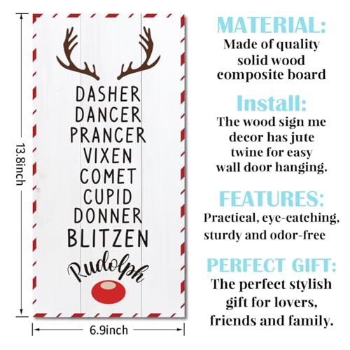 Reindeer Names Christmas Wooden Hanging Sign - Antler & Red Nose Pattern - Indoor Outdoor Xmas Party Decoration - Corner Wind - Variation 15