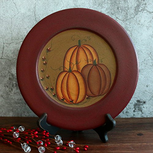 Primitive Painted Pumpkin Decorative Wood Plate, 9.75-Inch Rustic Fall Decor