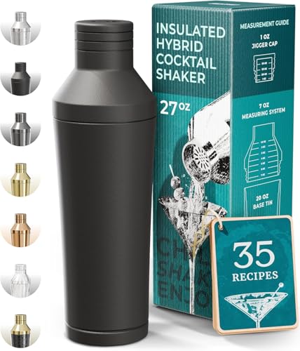 Bare Barrel Matte Black Insulated Cocktail Shaker Set with Built-in Measure, Strainer & Travel Bag