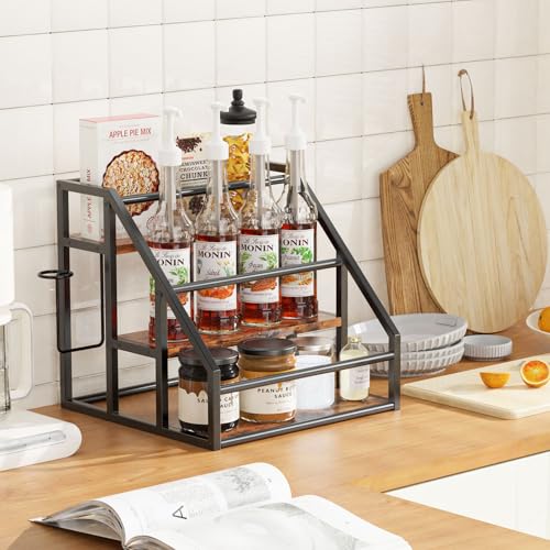 3-Tier Coffee Syrup Organizer Rack with Cup Holder, Rustic Countertop Shelf