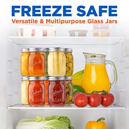 NutriChef 12-Pack 16 oz Mason Jars with Lids - Thick Glass Canning Jars with Stainless Steel Lids - Ideal for DIY Spices, Meal Prep, Overnight Oats, Jelly, Jam, Honey, Candles, Crafts, & More