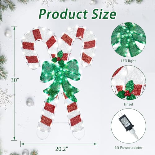 Wonder Solar 1.6FT x 2.5FT Lighted Christmas Candy Cane Decoration with Green Bow