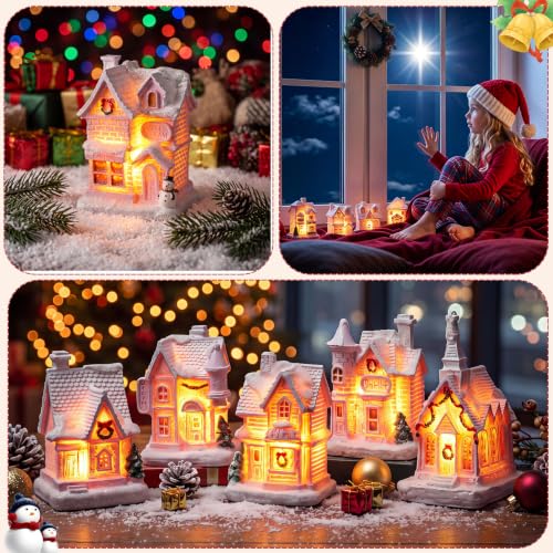 Soaoo 10 Pcs Christmas Village Houses with Figurines – Pink LED Lighted Mini Village Set
