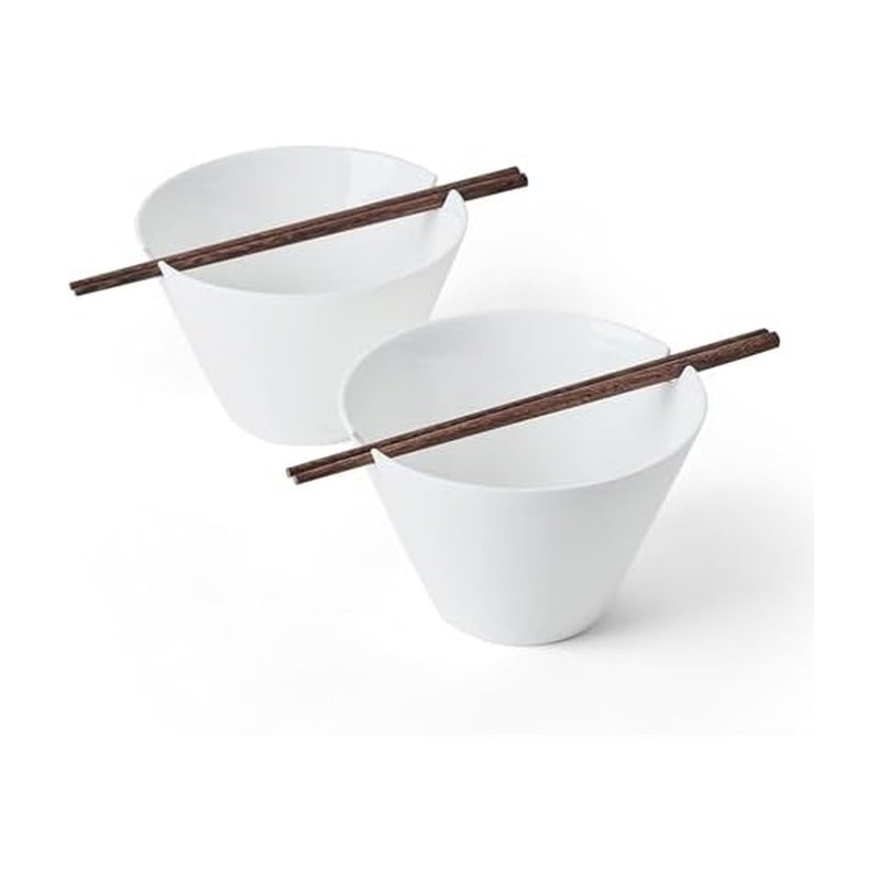 Mikasa Delray Bone China Lightweight Chip Resistant Noodle Ramen Bowl and Chopstick Set, Set of 2, White
