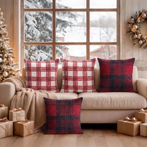 Artmag Christmas Throw Pillow Covers 20x20 Inch Set of 2 Buffalo Plaid Decorative Pillow Covers in White and Red