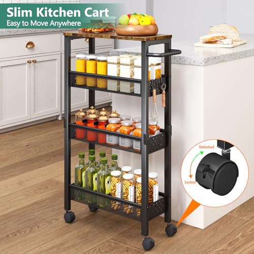 4-Tier Slim Utility Rolling Cart with Wheels & Wood Top - 7.1" Narrow Organizer