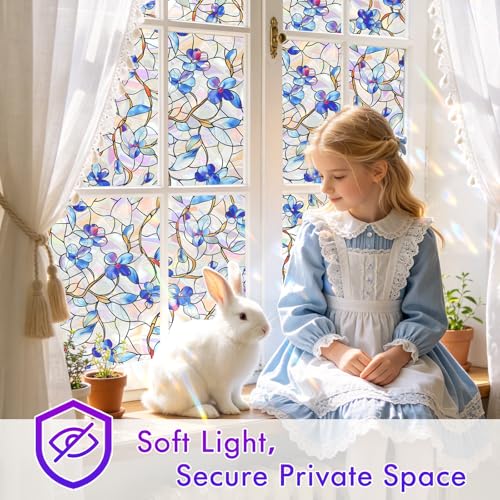 Rainbow Stained Glass Privacy Window Film | UV Blocking, Easy Install, 17.5x78.5