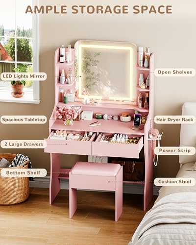 Vanity Desk with LED Lighted Mirror, Drawers, Stool, and Charging Station