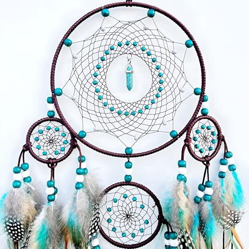 Large Boho Dream Catcher Wall Hanging, Handmade Turquoise Feather Decor