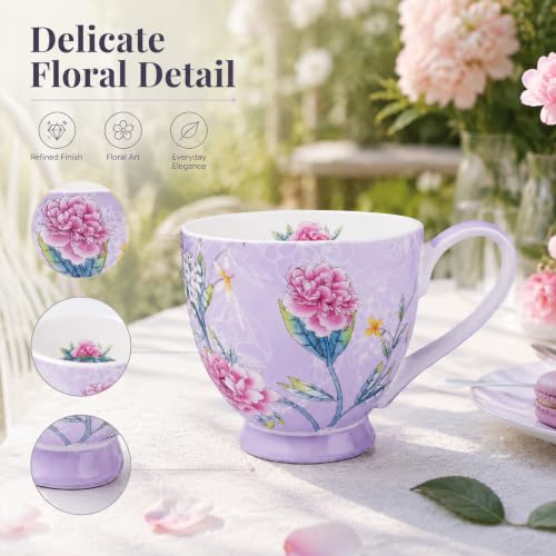Glen Mila 16oz Light Purple Bone China Coffee Mug for Women – Cute Christmas Gift for Mom & Friends