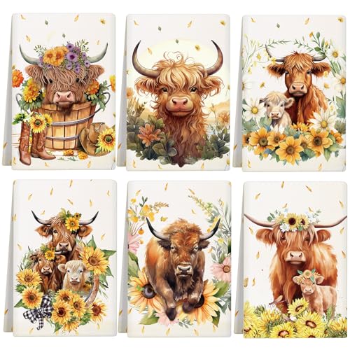 Highland Cattle Kitchen Towels - Set of 6 Farmhouse Floral Dishcloths