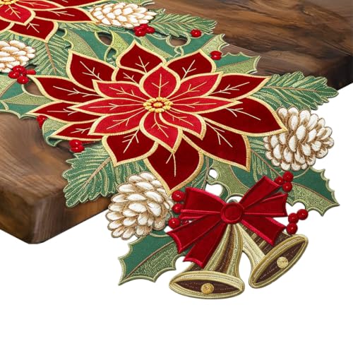 Ritgssi Christmas Tree Table Runner 14x72 in Red Floral Embroidery