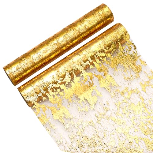 Gold Foil Table Runner 2 Pack, 11x106 Inch Glitter Metallic Mesh for Wedding Birthday Christmas - Mabbcoo