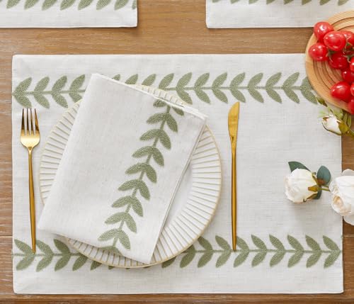 Wracra Embroidered Place Mats Set of 6 - Light Sage Green & Cream, 13x18 Inch