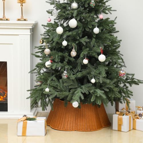 VioraWhite Woven Rattan Christmas Tree Collar - 27.95 Inch Scalloped Edge