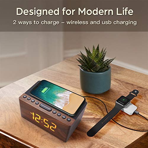 Wooden LED Digital Alarm Clock with Wireless Charger and FM Radio