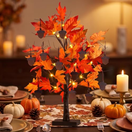 24 Inch Lighted Fall Maple Tree with 24 LEDs & 12 Wood Acorn Ornaments