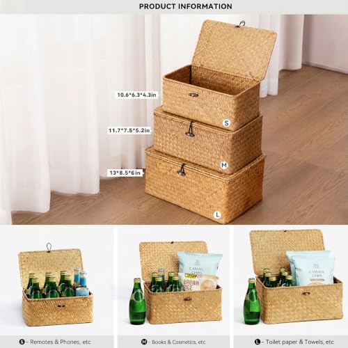 Wicker Storage Basket with Lid, Hand-Woven Seagrass Basket Set of 3