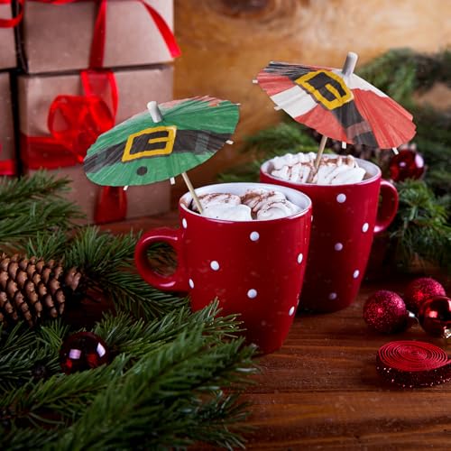 Vesici 200 Pcs Christmas Cocktail Umbrellas Santa Elf Belt - 2 Patterns, 100 Each