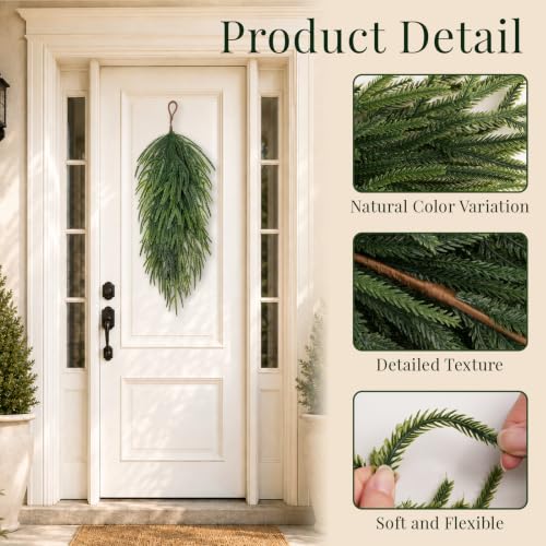 SpringTalk 30in Artificial Teardrop Swags, 4-Pack Norfolk Pine Wreaths for Front Door (Fresh Green)