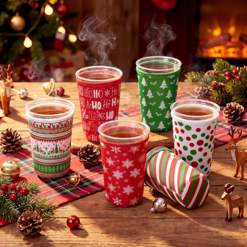 Xmas 12 Pcs Reusable Christmas Coffee Sleeves Insulator Red Green Holiday Design
