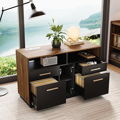 4-Drawer Wood File Cabinet with Power Outlet and Adjustable Storage