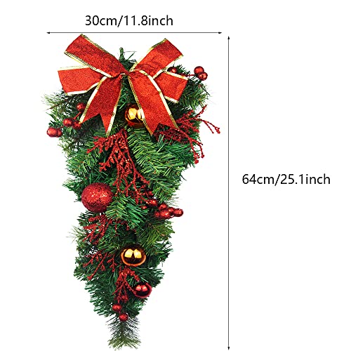 25-Inch Artificial Christmas Teardrop Swag with Pine Cones and Ribbon Bow