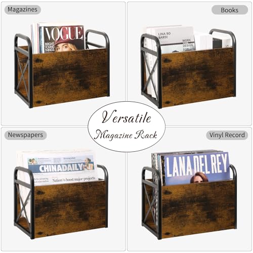 Rustic Metal and Wood Magazine Holder Floor Rack for Books and Newspapers