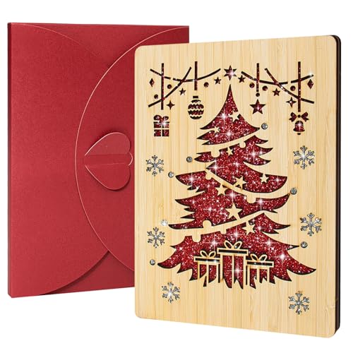 Wooden Christmas Card - Tree with Envelope, Handmade Holiday Greeting for Men Women
