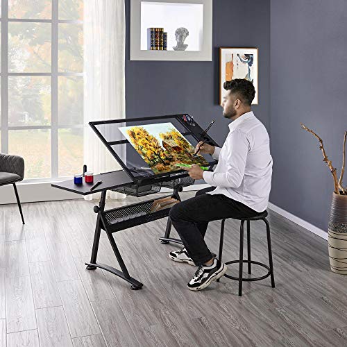 Adjustable Drafting Table with Stool, Tilting Glass Art Desk, Black