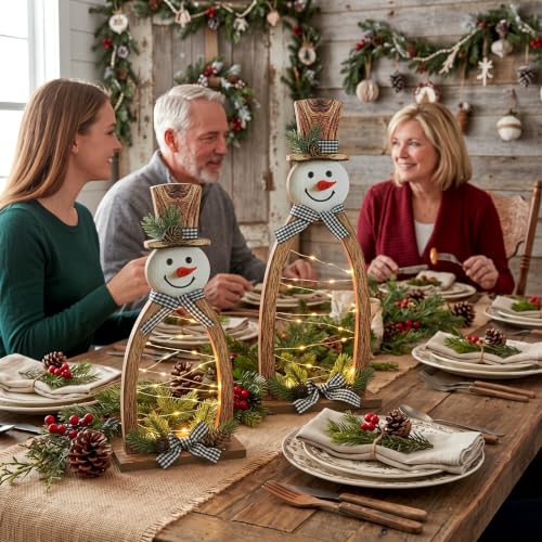 Christmas Snowman Decor Set with LED Lights - Rustic Wooden Tabletop Holiday Figurines