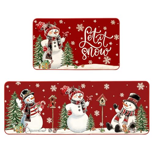 Christmas Kitchen Rugs Set of 2 with Snowmen & Red Truck – Holiday Floor Mats