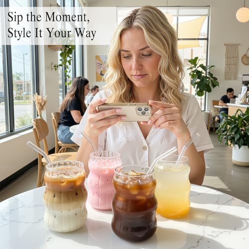 8 Pc Ribbed Glass Cup Set with Straws, 18 oz Vintage Iced Coffee Glasses