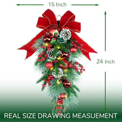 24-Inch Pre-Lit Christmas Teardrop Swag with Fairy Lights & Pine Cones